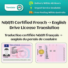 Load image into Gallery viewer, Traduction certifiée NAATI français -> anglais du permis de conduire